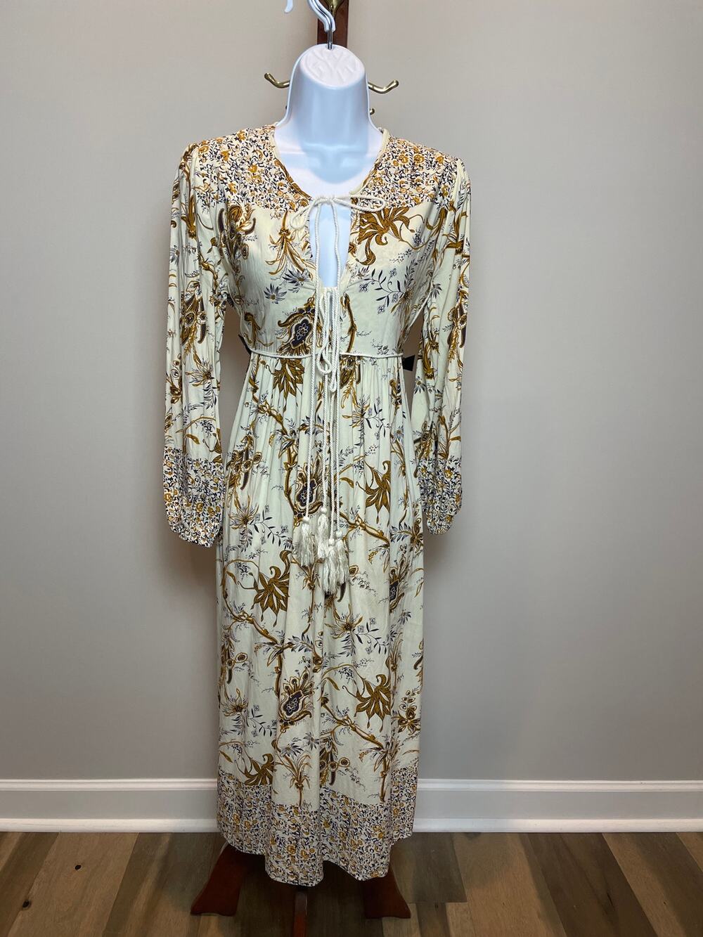 R. Vivimos Neutral Boho Blouson Long Dress Tie‑Front Tassel Detail Size M